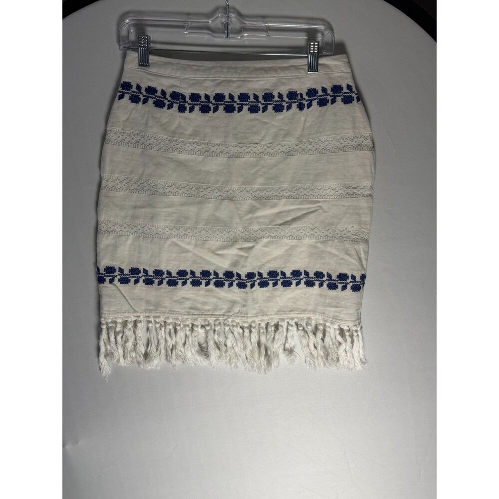 For Cynthia S Small Linen Cotton Embroidered Fringe Mini Skirt Blue White